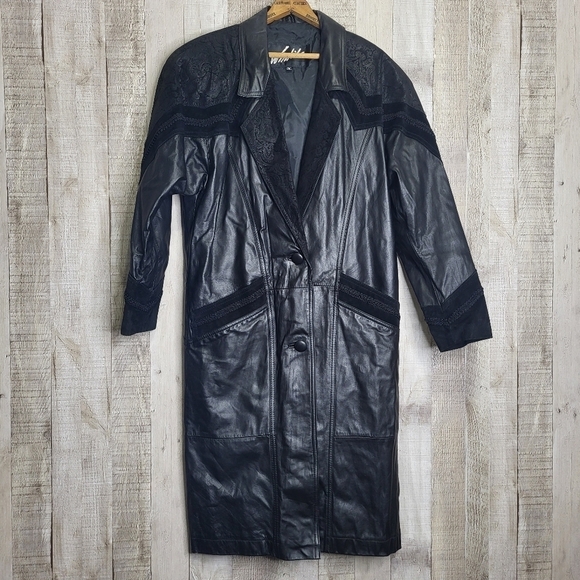 Winlet Long Leather Jacket. Black Paisley Size Small. - Picture 2 of 16